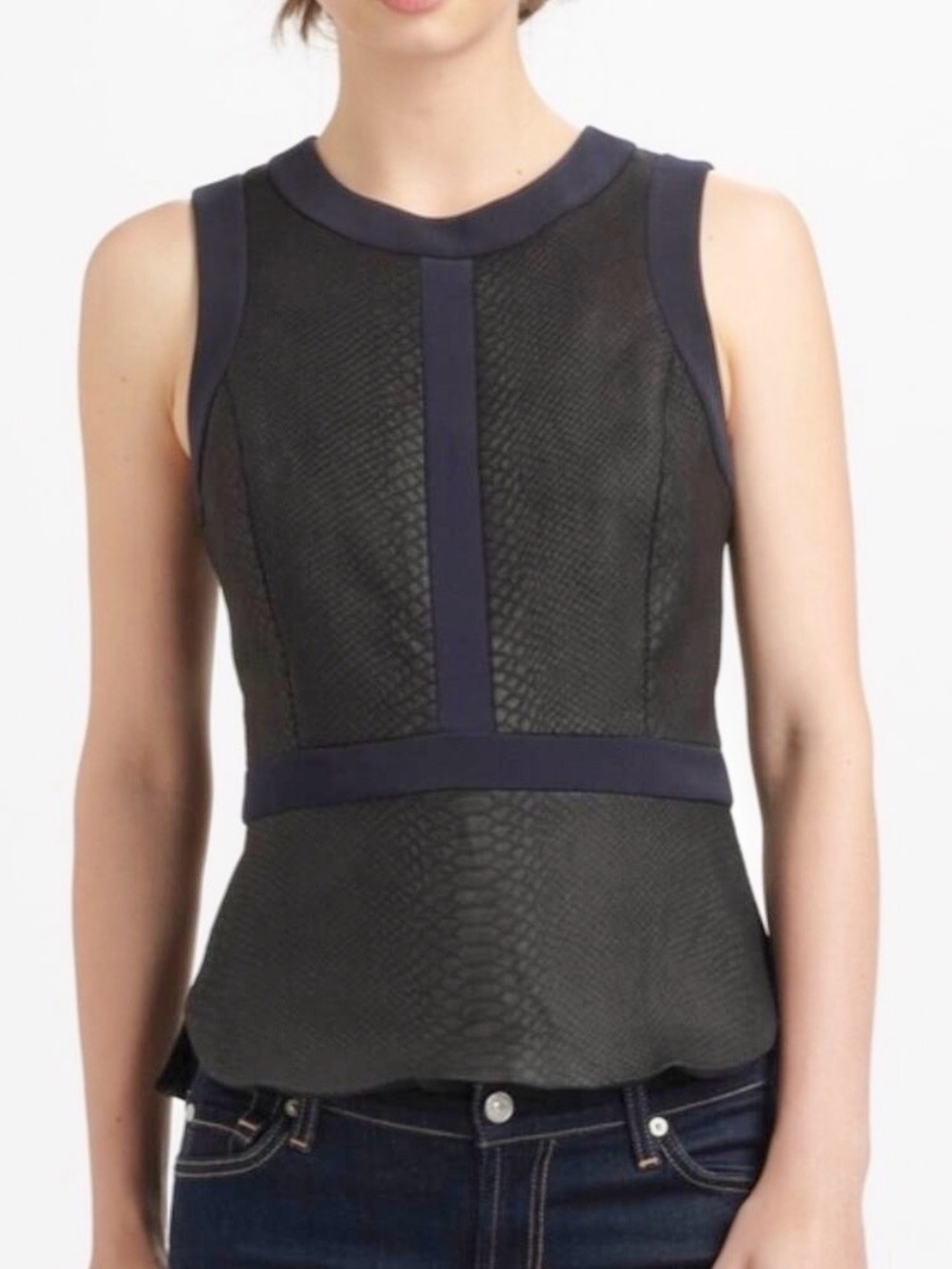 Rebecca Taylor Paneled Snakeskin Leather Sleeveless Peplum Top Navy Blk, Sz 0